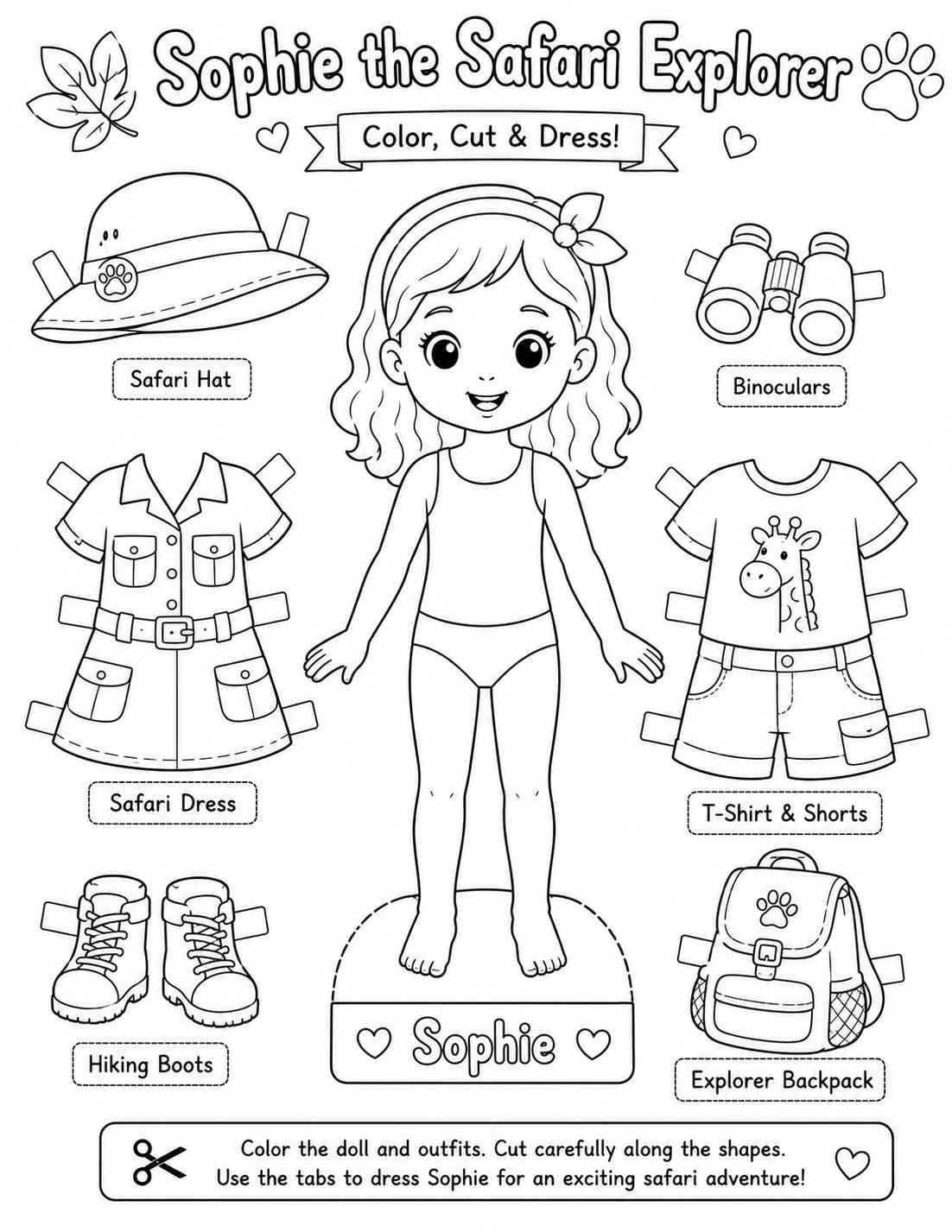 Sophie the Safari Explorer — Uncolored Line Art